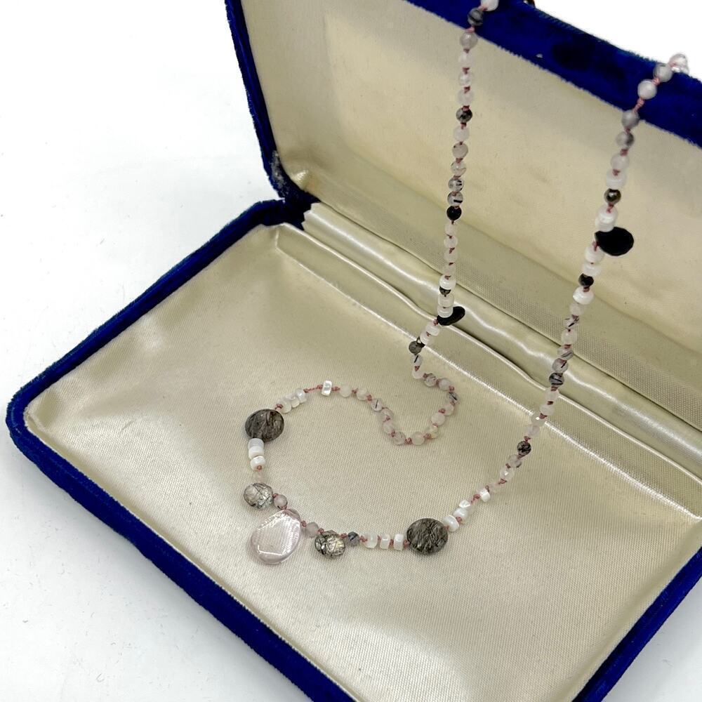 Vintage Black Rutilated Quartz & Rose Quartz Beaded Necklace 14/20 GF Clasp